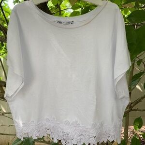 Zara White Cotton Lace Cropped T-shirt